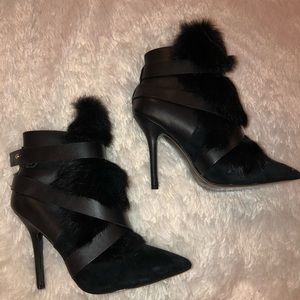 Faux fur black pointed ankle boot